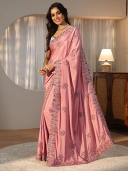Libas - Pink Floral Zari Saree with Embroidered Border