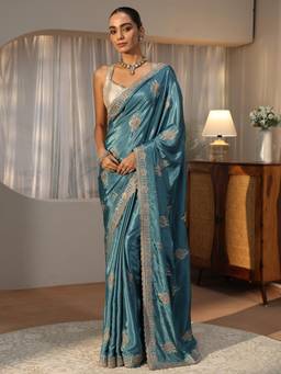 Libas - Blue Paisley Embroidered Saree with Embroidered Border