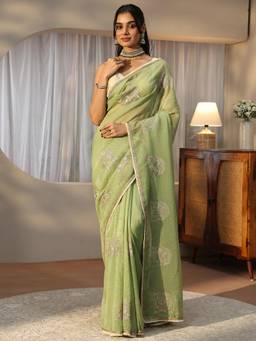 Libas - Green Floral Zari Embroidered Saree with Beads Embellishment Border