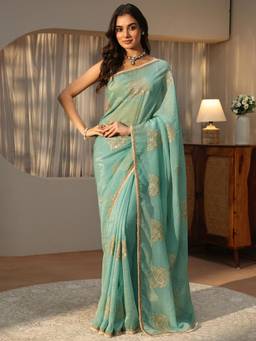 Libas - Blue Floral Zari Embroidered Saree with Beads Embellishment Border