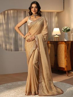 Libas - Beige Leheriya Zari Embellished Saree with Taping Border