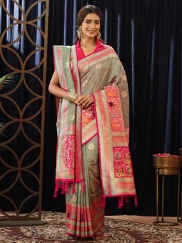 Libas - Green Floral Saree with Floral Woven Design Border with Dupatta