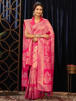 Libas - Pink Bandhani Saree with Floral Woven Design Border with Dupatta