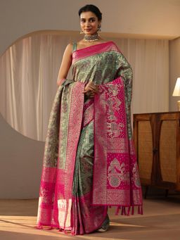 Libas - Green Bandhani Saree with Floral Woven Design Border with Dupatta