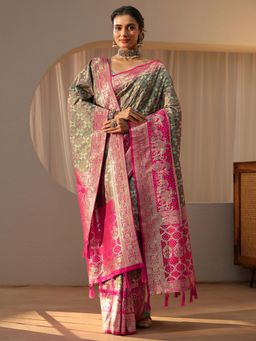 Libas - Green Bandhani Saree with Floral Woven Design Border with Dupatta
