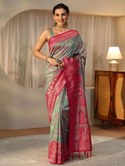 Libas - Blue Floral Saree with Floral Woven Design Border