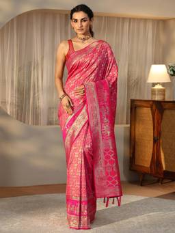 Libas - Pink Bandhani Saree with Floral Woven Design Border