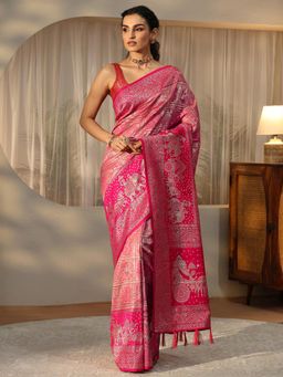 Libas - Pink Bandhani Saree with Floral Woven Design Border