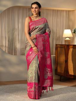 Libas - Green Bandhani Saree with Floral Woven Design Border