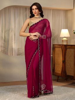 Libas - Pink Floral Stone Work Embellished Saree with Embellished Border