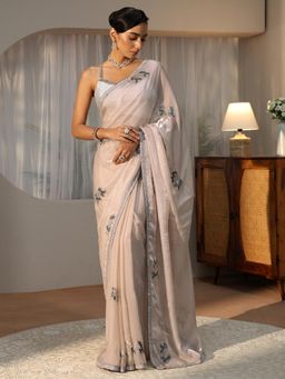 Libas - Beige Tribal Beads Embellished Saree with Embellished Border