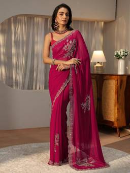 Libas - Pink Floral Stone Work Embellished Saree with Embellished Border