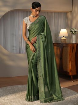 Libas - Green Solid Saree with Floral Beads Embellished Border
