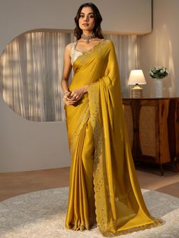 Libas - Mustard Solid Saree with Floral Beads Embellished Border