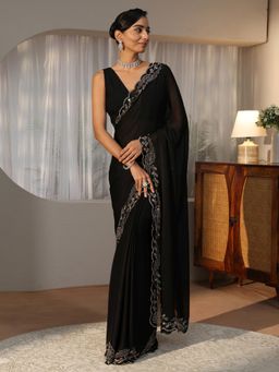 Libas - Black Solid Saree with Floral Beads Embellished Border