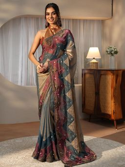 Libas - Multi-Colour Mirror Work Saree with Embellished Border