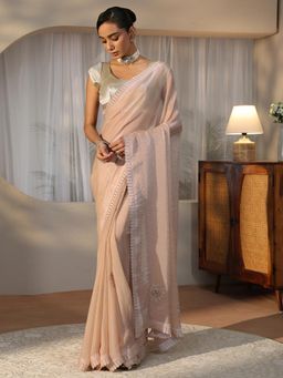Libas - Beige Floral Beads Embellished Saree with Embellished Border