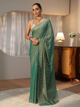 Libas - Green Beads Striped Embellished Saree with Embellished Border