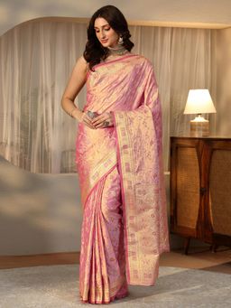 Libas - Pink Floral Zari Saree with Floral Woven Design Border
