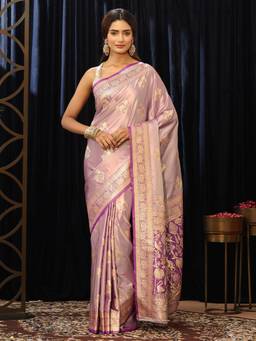 Libas - Pink Floral Zari Saree with Floral Woven Design Border