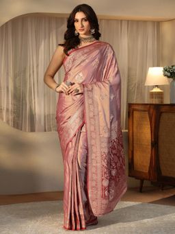 Libas - Pink Floral Zari Saree with Floral Woven Design Border