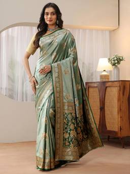 Libas - Green Floral Zari Saree with Floral Woven Design Border