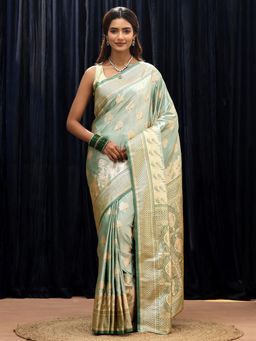 Libas - Green Floral Zari Saree with Floral Woven Design Border
