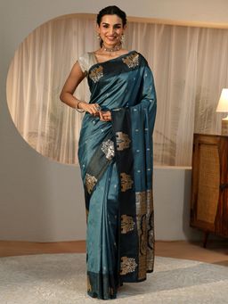 Libas - Blue Ethnic Motif Zari Saree with Floral Woven Design Border