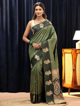 Libas - Green Floral Zari Saree with Floral Woven Design Border