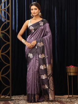 Libas - Purple Floral Zari Saree with Floral Woven Design Border