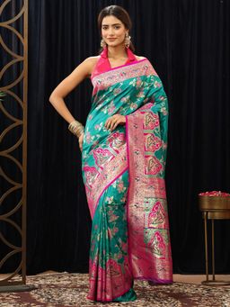 Libas - Green Floral Zari Saree with Floral Woven Design Border