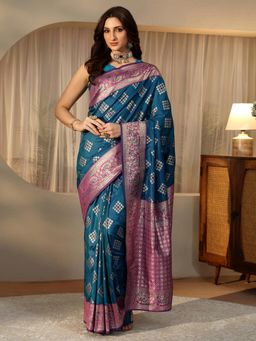 Libas - Blue Floral Saree with Floral Woven Design Border