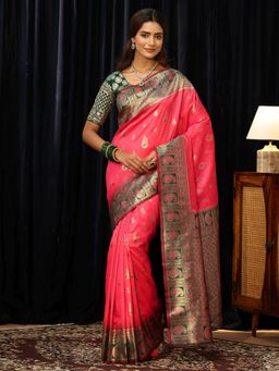 Libas - Pink Paisley Saree with Floral Woven Design Border