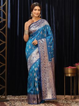 Libas - Blue Paisley Saree with Floral Woven Design Border
