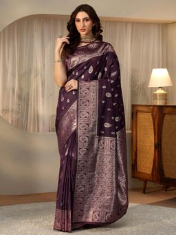Libas - Purple Paisley Saree with Floral Woven Design Border