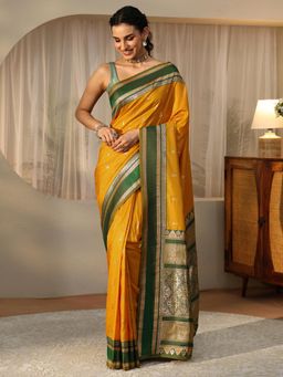 Libas - Mustard Ethnic Motif Zari Saree with Floral Woven Design Border