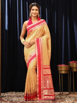 Libas - Beige Ethnic Motif Zari Saree with Floral Woven Design Border