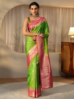 Libas - Green Ethnic Motif Zari Saree with Floral Woven Design Border
