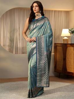 Libas - Blue Ethnic Motif Zari Saree with Floral Woven Design Border