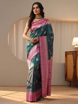 Libas - Green Ethnic Motif Zari Saree with Floral Woven Design Border
