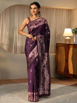 Libas - Purple Floral Zari Saree with Floral Woven Design Border