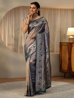 Libas - Grey Floral Zari Saree with Floral Woven Design Border