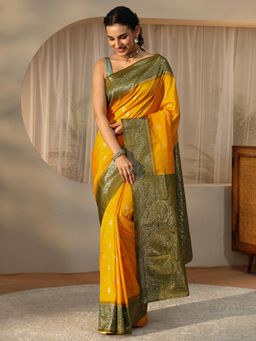 Libas - Yellow Floral Zari Saree with Floral Woven Design Border