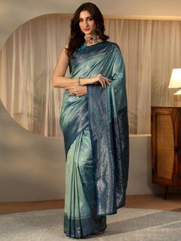 Libas - Blue Floral Zari Saree with Floral Woven Design Border