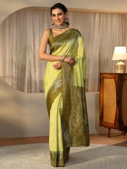 Libas - Green Floral Zari Saree with Floral Woven Design Border