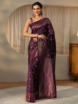 Libas - Purple Floral Zari Saree with Floral Woven Design Border