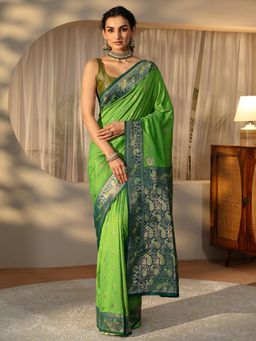 Libas - Green Peacock Zari Saree with Floral Woven Design Border