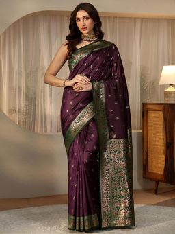 Libas - Purple Peacock Zari Saree with Floral Woven Design Border