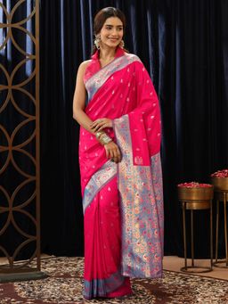 Libas - Pink Peacock Zari Saree with Floral Woven Design Border