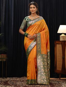 Libas - Mustard Peacock Zari Saree with Floral Woven Design Border